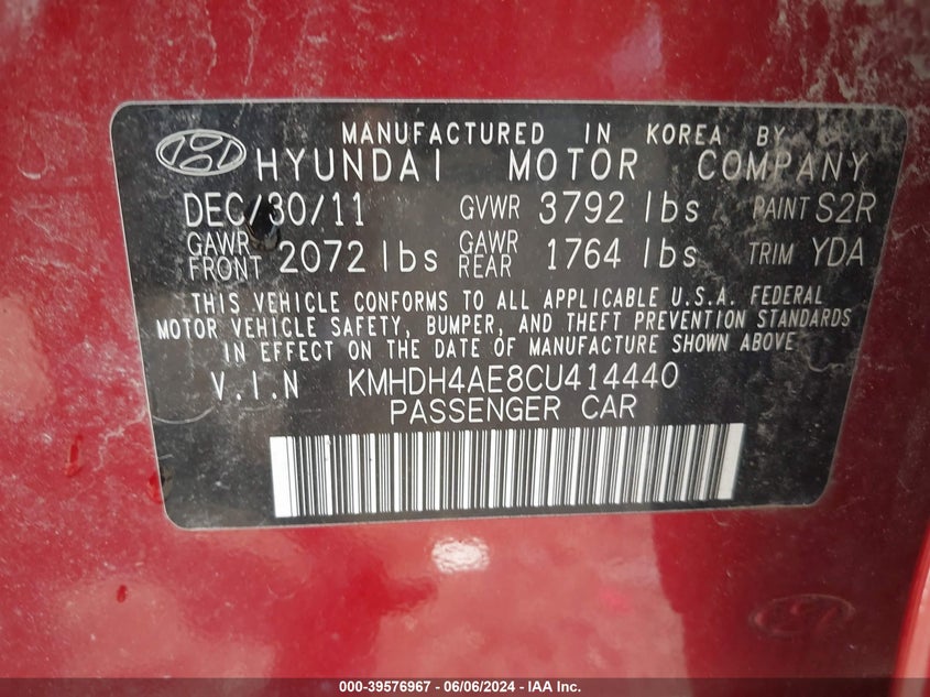 2012 Hyundai Elantra Gls (Ulsan Plant) VIN: KMHDH4AE8CU414440 Lot: 39576967