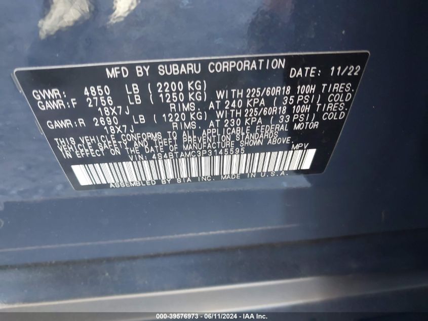 2023 Subaru Outback Limited VIN: 4S4BTAMC3P3145595 Lot: 39576973