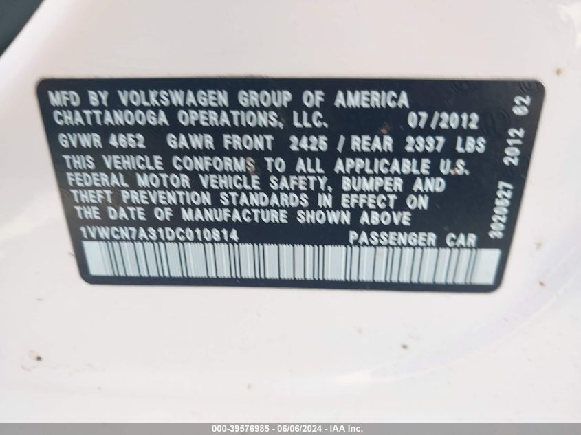 2013 Volkswagen Passat 2.0L Tdi Sel Premium VIN: 1VWCN7A31DC010814 Lot: 39576985