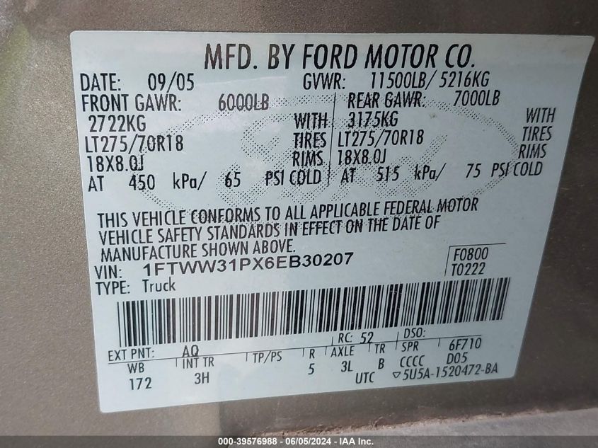 2006 Ford F-350 Lariat/Xl/Xlt VIN: 1FTWW31PX6EB30207 Lot: 39576988