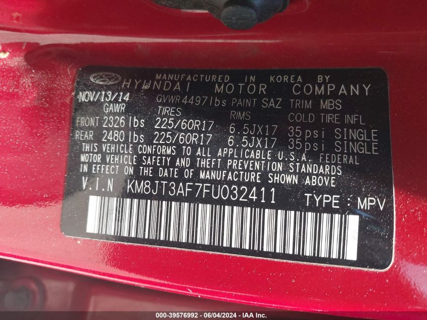 2015 Hyundai Tucson Gls VIN: KM8JT3AF7FU032411 Lot: 39576992