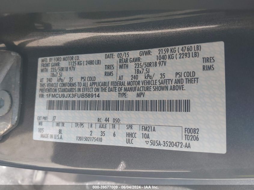 2015 Ford Escape Titanium VIN: 1FMCU9JX3FUB58914 Lot: 39577009