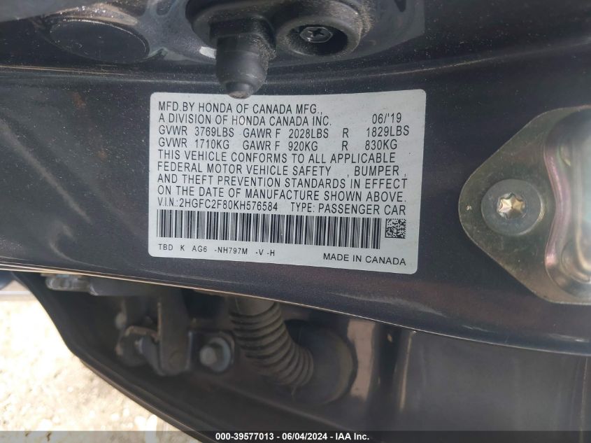 2019 Honda Civic Sport VIN: 2HGFC2F80KH576584 Lot: 39577013