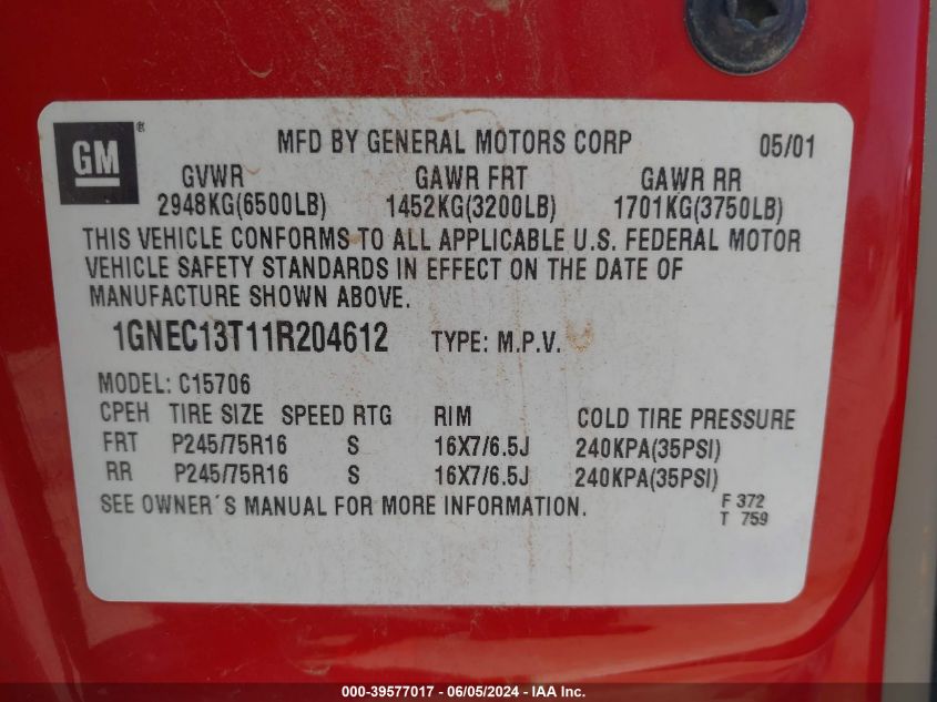 2001 Chevrolet Tahoe Ls VIN: 1GNEC13T11R204612 Lot: 39577017