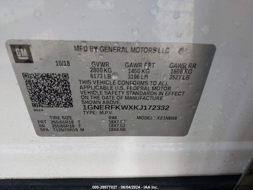 2019 Chevrolet Traverse Ls VIN: 1GNERFKWXKJ172332 Lot: 39577027