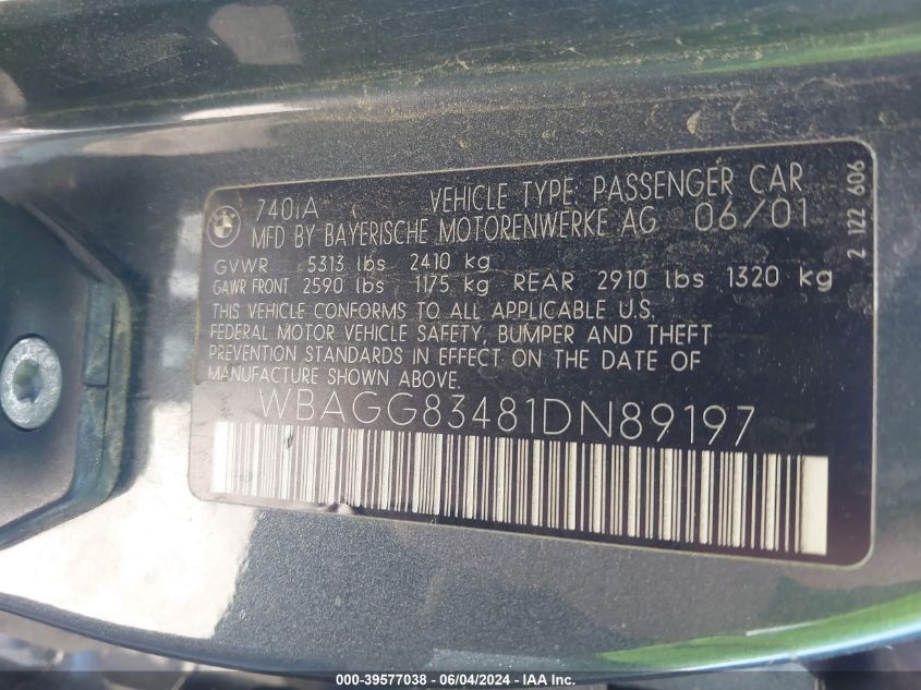 2001 BMW 740Ia VIN: WBAGG83481DN89197 Lot: 39577038