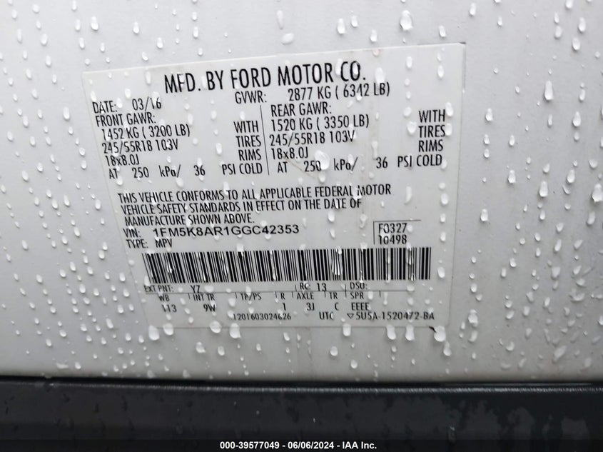 2016 FORD EXPLORER VIN: 1FM5K8AR1GGC42353