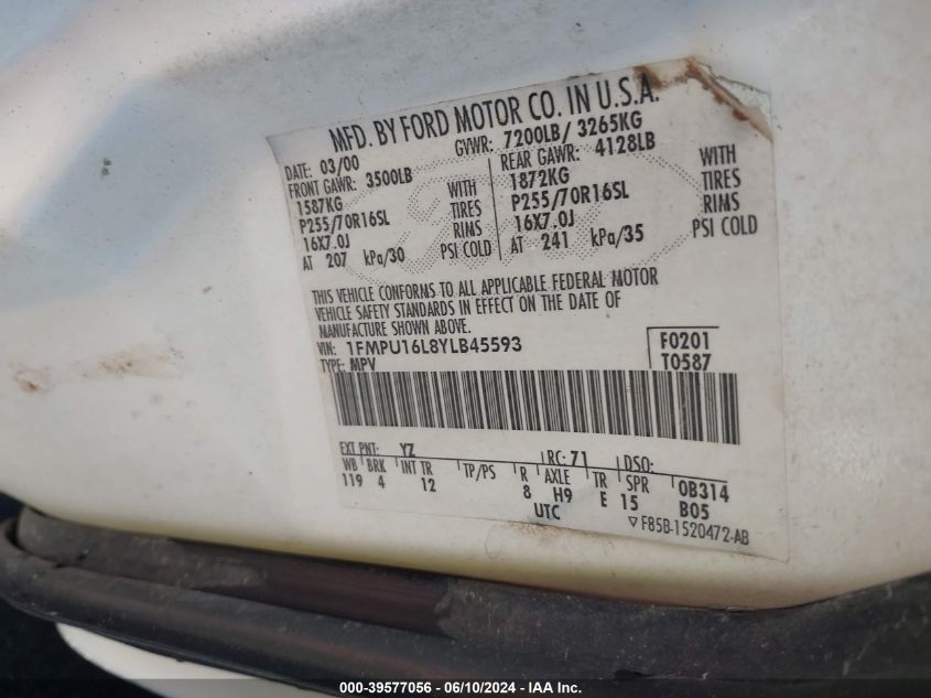 2000 Ford Expedition Xlt VIN: 1FMPU16L8YLB45593 Lot: 39577056