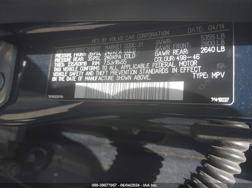 2015 Volvo Xc60 3.2 Premier VIN: YV4940RB6F2612617 Lot: 39577057