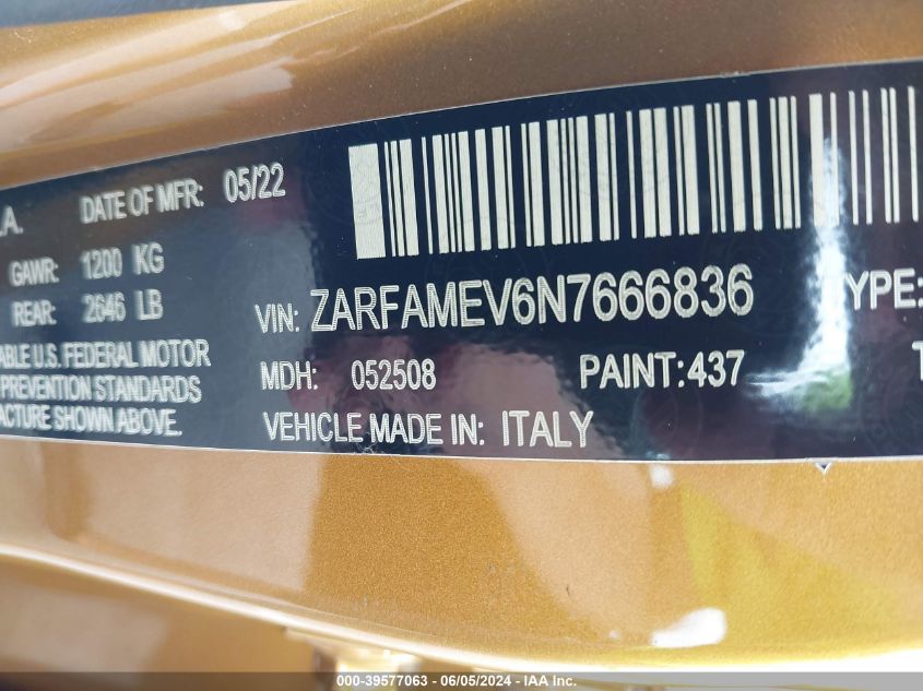 2022 Alfa Romeo Giulia Quadrifoglio Rwd VIN: ZARFAMEV6N7666836 Lot: 39577063