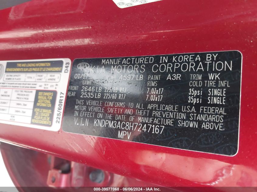 2017 Kia Sportage Lx VIN: KNDPM3AC8H7247167 Lot: 39577068