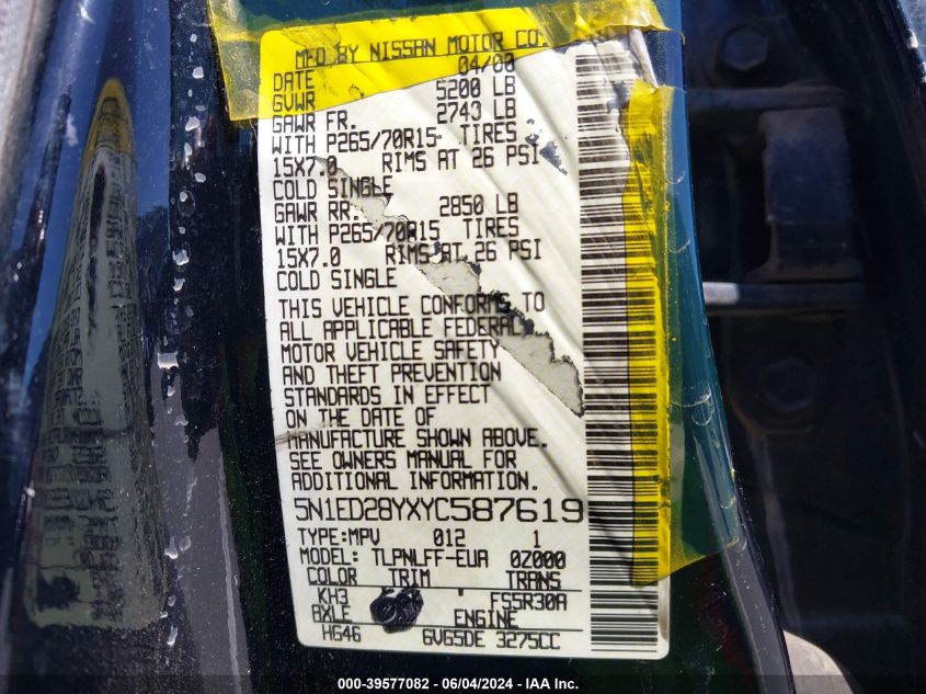 2000 Nissan Xterra Se/Xe VIN: 5N1ED28YXYC587619 Lot: 39577082