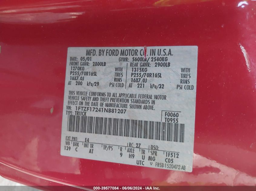 2001 Ford F-150 Xl/Xlt VIN: 1FTZF17241NB81207 Lot: 39577084
