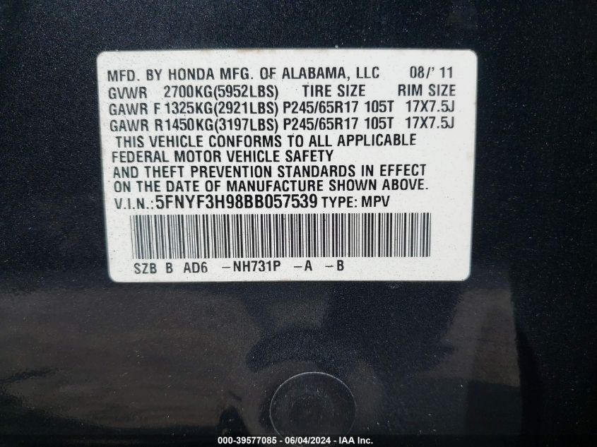 2011 Honda Pilot Touring VIN: 5FNYF3H98BB057539 Lot: 39577085