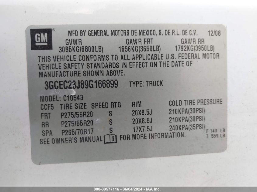 2009 Chevrolet Silverado 1500 Lt VIN: 3GCEC23J89G166899 Lot: 39577116