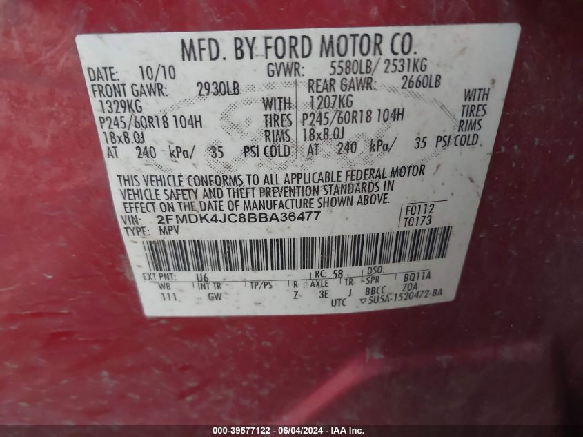 2011 Ford Edge Sel VIN: 2FMDK4JC8BBA36477 Lot: 39577122