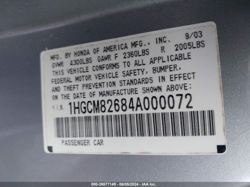 2004 Honda Accord 3.0 Ex VIN: 1HGCM82684A000072 Lot: 39577149