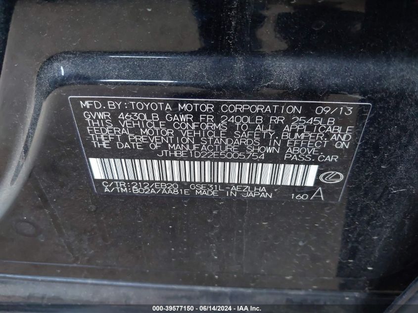 2014 Lexus Is 350 VIN: JTHBE1D22E5005754 Lot: 39577150