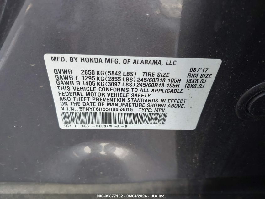2017 Honda Pilot Ex-L VIN: 5FNYF6H55HB063015 Lot: 39577152