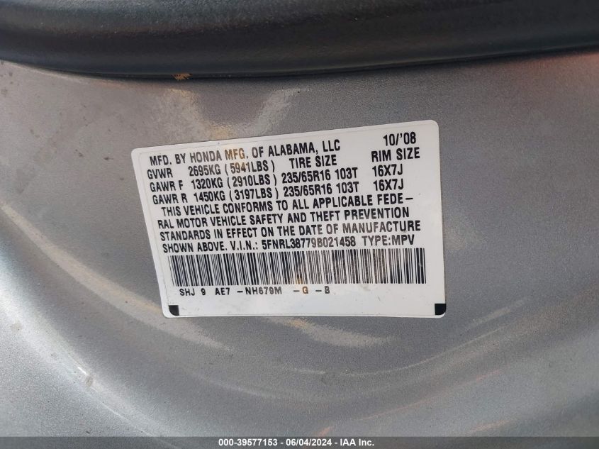 2009 Honda Odyssey Ex-L VIN: 5FNRL38779B021458 Lot: 39577153