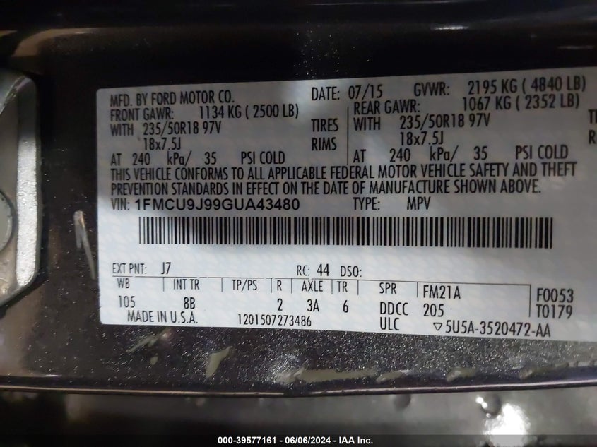 2016 Ford Escape Titanium VIN: 1FMCU9J99GUA43480 Lot: 39577161