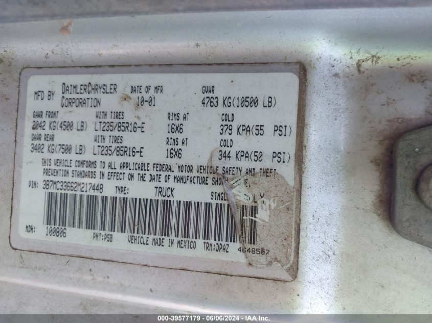 2002 Dodge Ram 3500 St VIN: 3B7MC33662M217448 Lot: 39577179