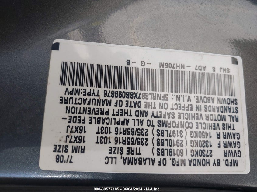 2008 Honda Odyssey Ex-L VIN: 5FNRL387X8B099876 Lot: 39577185