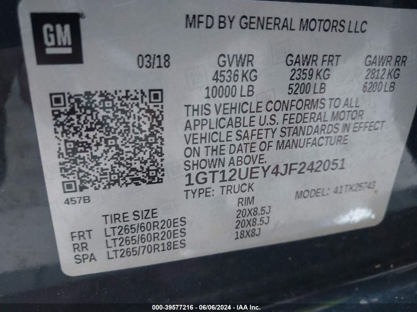 2018 GMC Sierra 2500Hd Denali VIN: 1GT12UEY4JF242051 Lot: 39577216