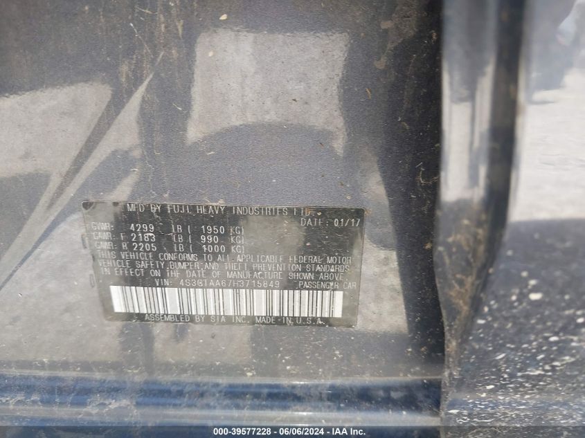 2017 Subaru Impreza 2.0I VIN: 4S3GTAA67H3715849 Lot: 39577228