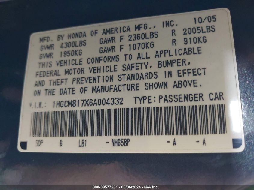2006 Honda Accord 3.0 Ex VIN: 1HGCM817X6A004332 Lot: 39577231