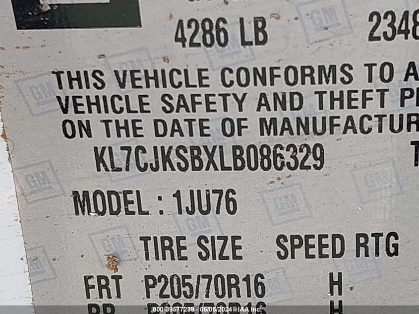 2020 Chevrolet Trax Fwd Ls VIN: KL7CJKSBXLB086329 Lot: 39577239