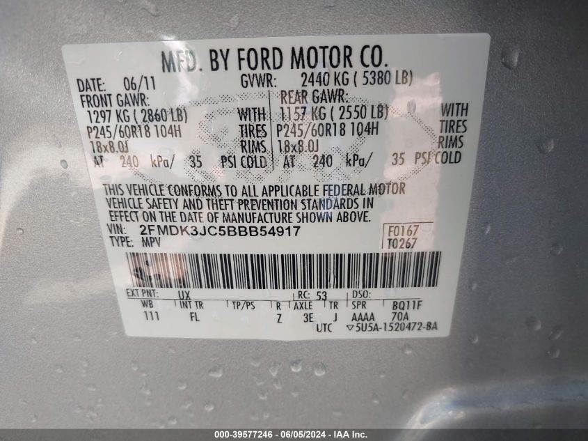 2011 Ford Edge Sel VIN: 2FMDK3JC5BBB54917 Lot: 39577246