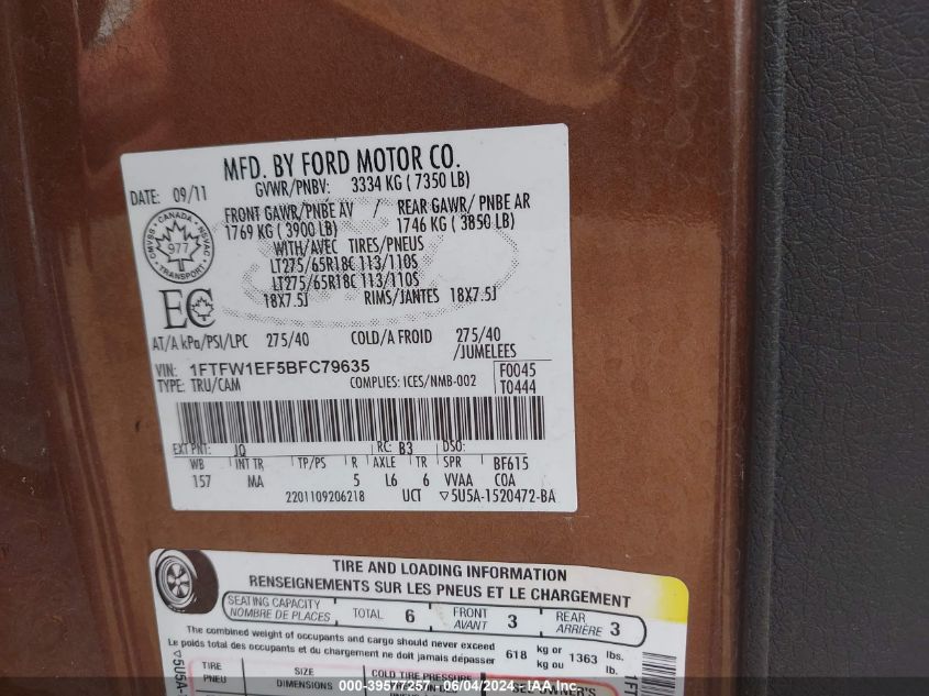 2011 Ford F-150 Xlt VIN: 1FTFW1EF5BFC79635 Lot: 39577257