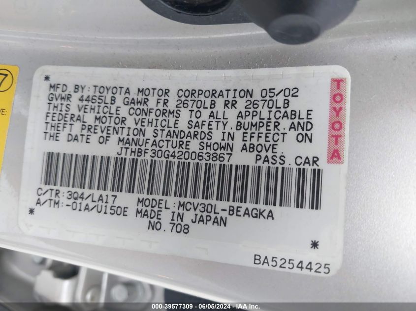 2002 Lexus Es 300 VIN: JTHBF30G420063867 Lot: 39577309