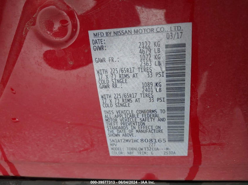 2017 Nissan Rogue Sv VIN: 5N1AT2MV1HC808165 Lot: 39577313