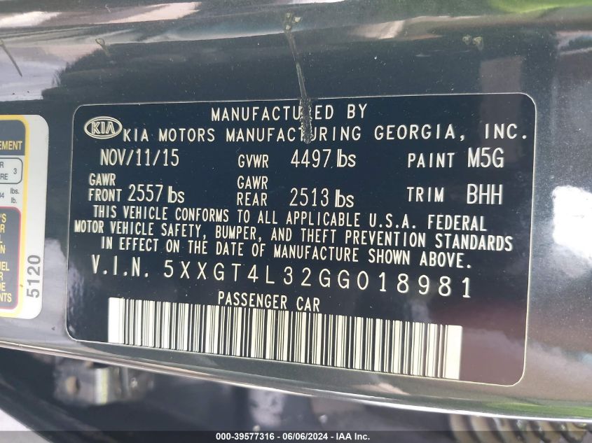 2016 Kia Optima Lx VIN: 5XXGT4L32GG018981 Lot: 39577316