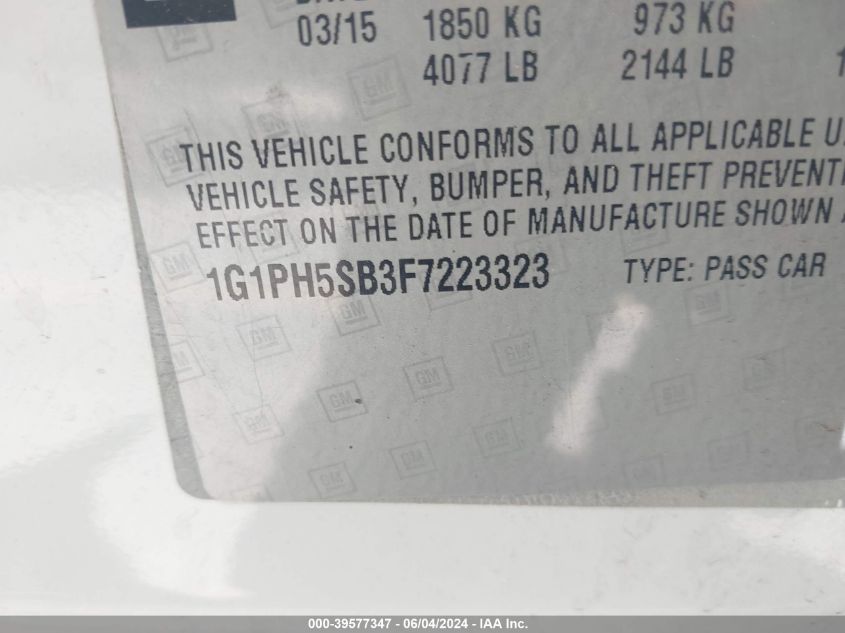 2015 Chevrolet Cruze Eco Auto VIN: 1G1PH5SB3F7223323 Lot: 39577347