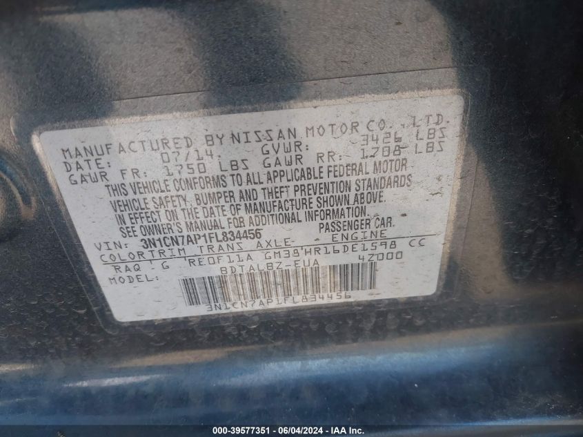 2015 Nissan Versa 1.6 Sv VIN: 3N1CN7AP1FL834456 Lot: 39577351