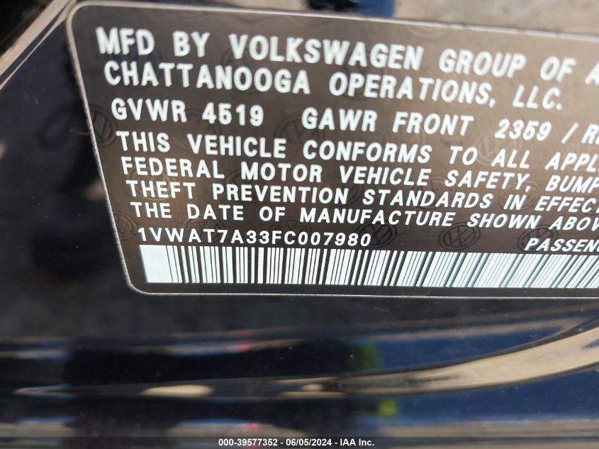 2015 Volkswagen Passat 1.8T S VIN: 1VWAT7A33FC007980 Lot: 39577352