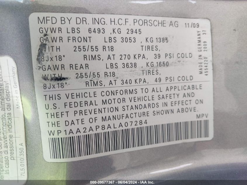 2010 Porsche Cayenne VIN: WP1AA2AP8ALA07284 Lot: 39577367