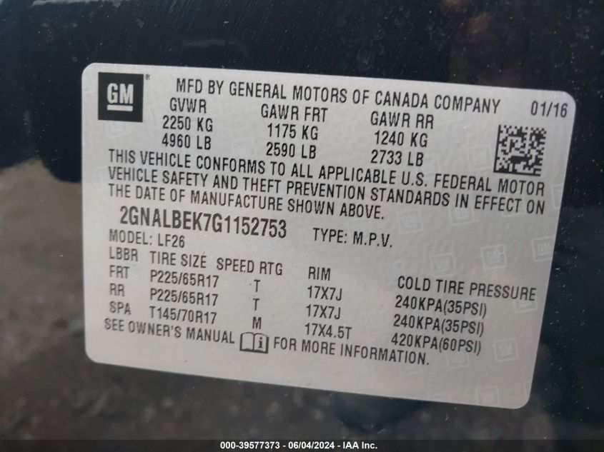 2016 Chevrolet Equinox Ls VIN: 2GNALBEK7G1152753 Lot: 39577373