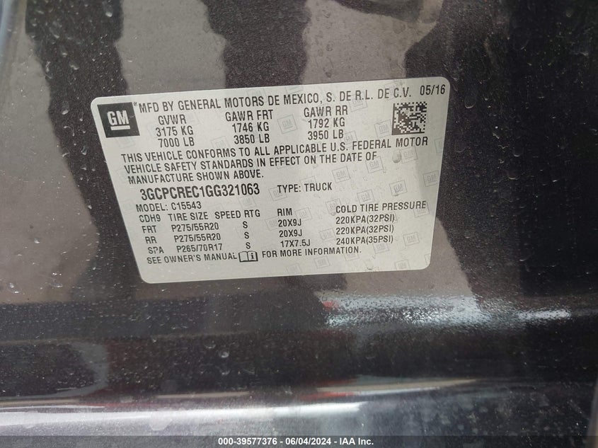 2016 Chevrolet Silverado 1500 1Lt VIN: 3GCPCREC1GG321063 Lot: 39577376