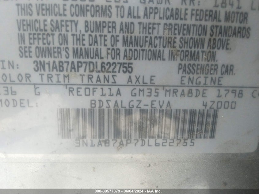 2013 Nissan Sentra Sl VIN: 3N1AB7AP7DL622755 Lot: 39577379