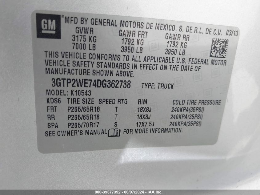 2013 GMC Sierra 1500 Slt VIN: 3GTP2WE74DG362738 Lot: 39577392