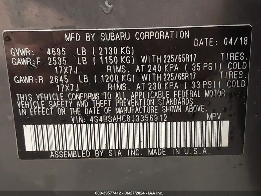 2018 Subaru Outback 2.5I Premium VIN: 4S4BSAHC8J3356912 Lot: 39577412