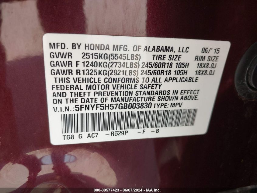2016 Honda Pilot Ex-L VIN: 5FNYF5H57GB003830 Lot: 39577423