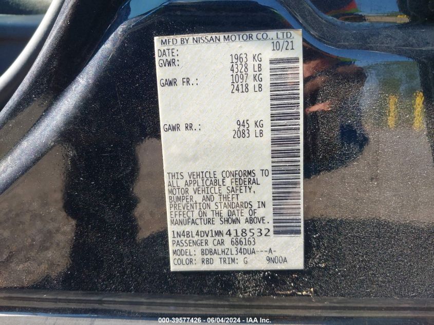 2021 Nissan Altima Sv Fwd VIN: 1N4BL4DV1MN418532 Lot: 39577426