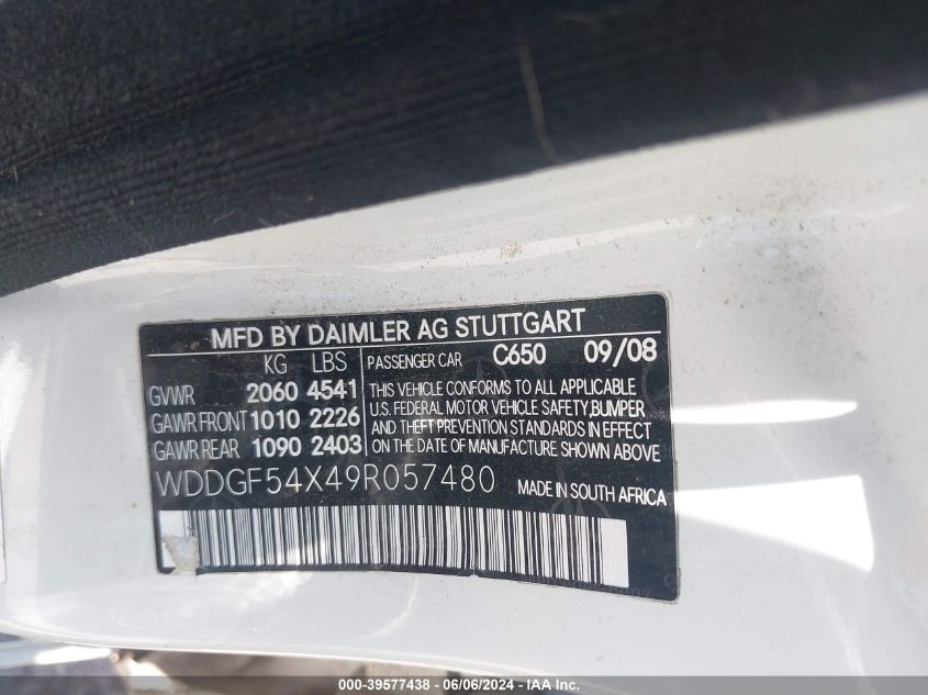 2009 Mercedes-Benz C 300 Luxury/Sport VIN: WDDGF54X49R057480 Lot: 39577438