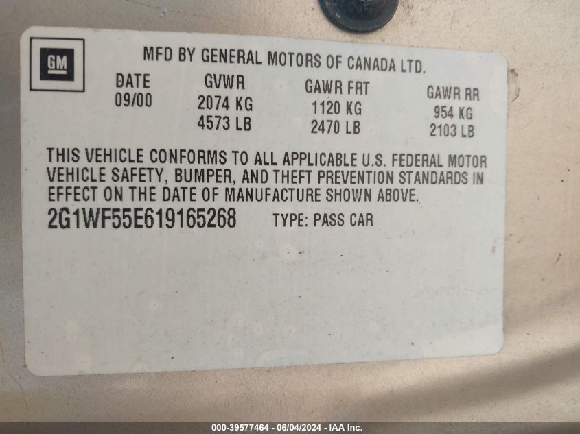 2001 Chevrolet Impala VIN: 2G1WF55E619165268 Lot: 39577464