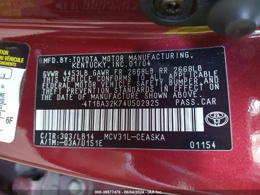 2004 Toyota Camry Se V6 VIN: 4T1BA32K74U502925 Lot: 39577476